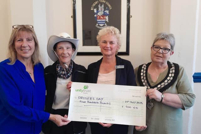 Drover's Day. R to L Mayor Dawn Payne and Drovers members, Ruth Holt, Cllr. Kazia Knight &amp; Jan Branton