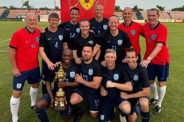 The Harrogate Veterans FC contingent of the England squad that won the 2024 Seniors World Cup in Thailand. Manager Paul Bell is pictured far right. Pictures: Submitted