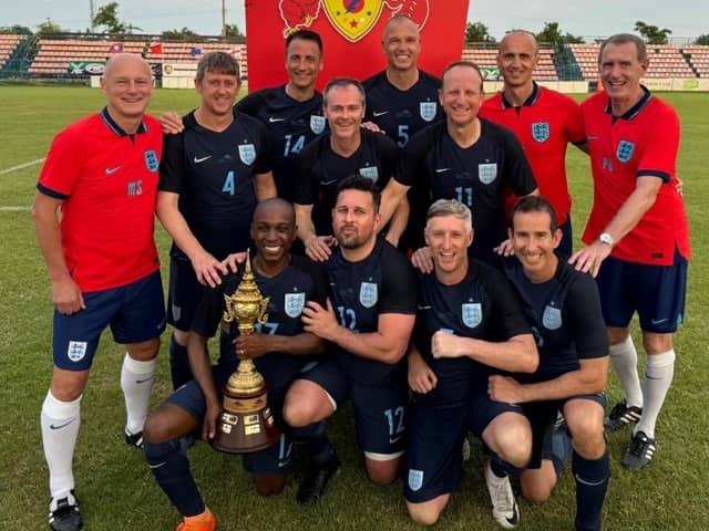 The Harrogate Veterans FC contingent of the England squad that won the 2024 Seniors World Cup in Thailand. Manager Paul Bell is pictured far right. Pictures: Submitted