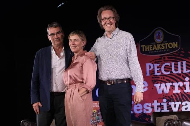 On stage at Harrogate's Old Swan Hotel are Slow Horses spy thriller author Mick Herron, actor Saskia Reeves and Slow Horses TV writer Will Smith. (Picture contributed)