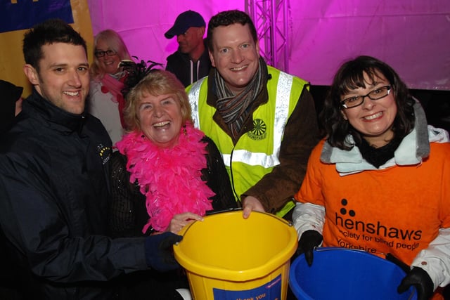 Pete Edwards (Stray FM), Councillor Pat Jones (Mayor of Harrogate), Mike Briggs (Chairman of Harrogate and District Round Table) and Caroline Smale (Principle of Henshaws Collage) all enjoying the Harrogate Stray Bonfire in 2009