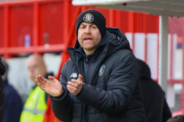 Harrogate Town manager Simon Weaver attempts to encourage his players from the sidelines during Saturday's 3-1 loss at Crawley. Pictures: Matt Kirkham
