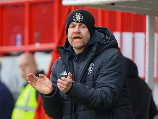 Harrogate Town manager Simon Weaver attempts to encourage his players from the sidelines during Saturday's 3-1 loss at Crawley. Pictures: Matt Kirkham