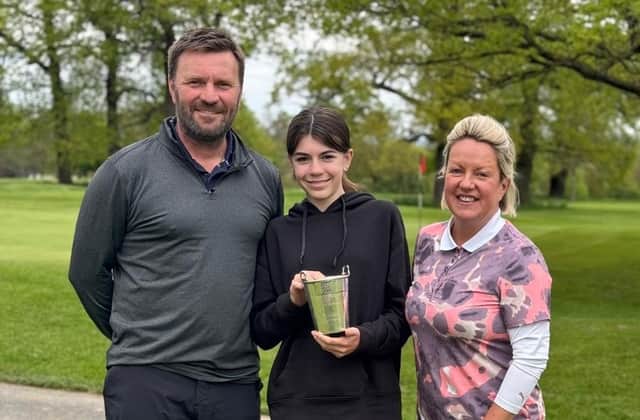 Rudding Park GC's Mixed Pairs Trophy winners Steve and Alexa Walmsley with Ladies Captain, Julie Gibbs, right. Picture: Submitted