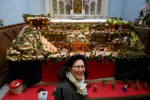 Valeria Burdon picturedwith her handmade Nativity scene, at St Roberts Church, Harrogate. .Picture by Simon Hulme