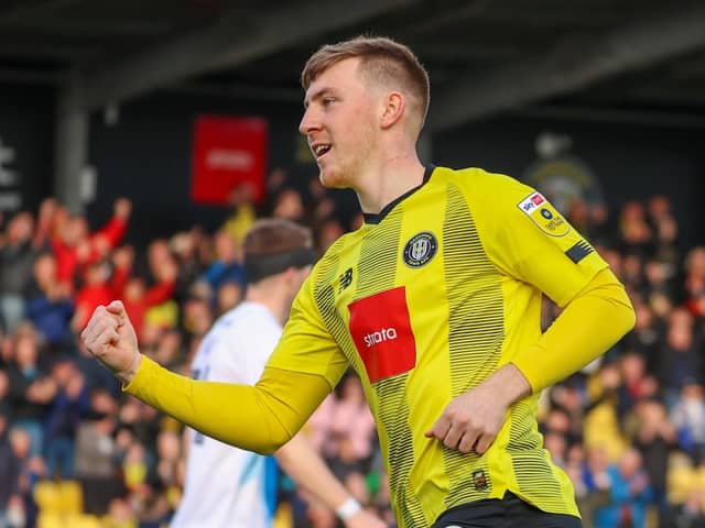 Matty Daly celebrates after netting Harrogate Town's second-half winner against Barrow. Picture: Matt Kirkham