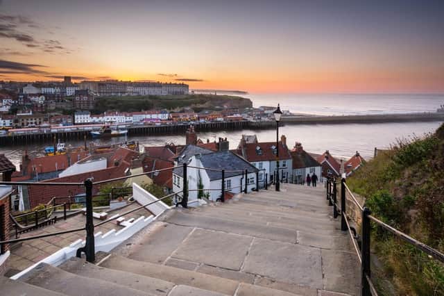 A top Yorkshire coastal destination - the famous 199 Steps at Whitby leading from the town up to the Abbey and church