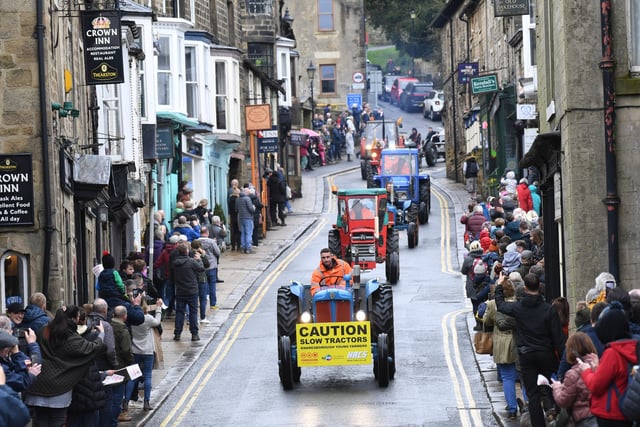 The tractors in convoy making their way through High Street in Pateley Bridge
