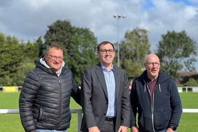 Impressed - Harrogate and Knaresborough MP Tom Gordon during a recent visit to Knaresborough Town AFC where he met the club’s co-chairmen Paul Howard and Nigel Corner. (Picture contributed)