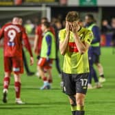 Harrogate Town midfielder Josh Austerfield cannot hide his disappointment after Harrogate Town were stung late on by Carlisle United. Picture: Matt Kirkham