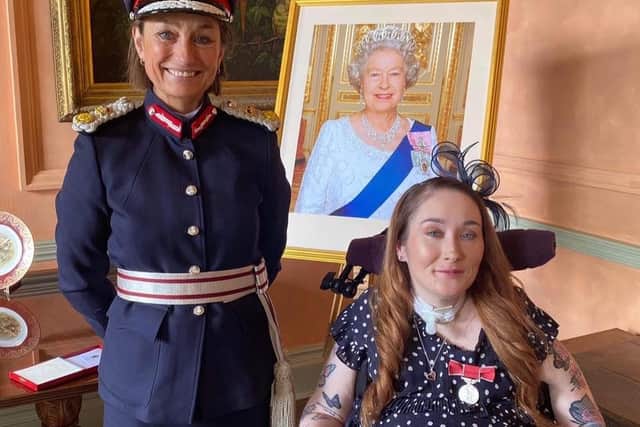 Knaresborough's incredible road safety campaigner Lauren Doherty with The Lord-Lieutenant of North Yorkshire, Mrs Johanna Ropner,