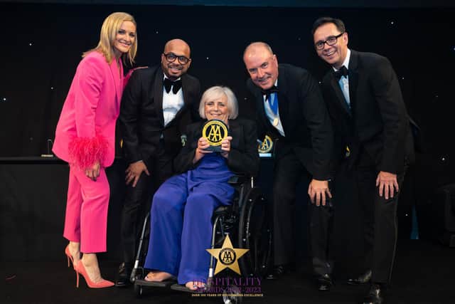 From left to right: Gabby Logan, Vidyadhar Patole (Rudding Park COO), Fiona Jarvis (CEO Blue Badge Access Awards), Peter Banks (Rudding Park Managing Director) and Simon Numphud (Managing Director of AA Media)
