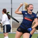 Holly Oldham celebrates after completing her hat-trick during Harrogate Hockey Club Ladies 1s' home win over Fylde. Pictures: Gerard Binks