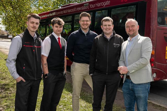 Pictured with Harrogate Bus Company’s specially liveried bus are, from left: drivers Dan Watson and Will Deaton; Your Harrogate Commercial Director Adam Daniel; the bus firm’s Commercial Manager Matt Burley; and Your Harrogate breakfast presenter and Content Director Nick Hancock.