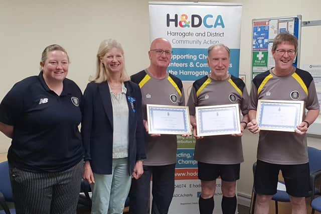 Head of Foundation Jill Stacey, High Sheriff Clare Granger and Harrogate Town AFC’s Community Foundation volunteers Rod Clifton, Bernie O'Brien and Tom Robinson receive their awards.
