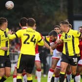 Jack Muldoon heads Harrogate Town into a 24th-minute lead against Wrexham at Wetherby Road. Pictures: Matt Kirkham
