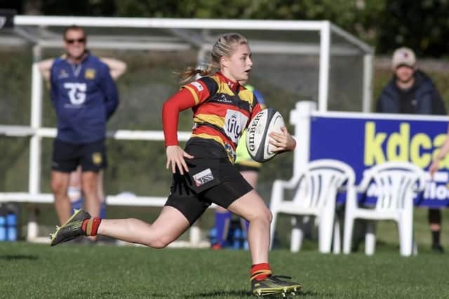 Harrogate RUFC Ladies fly-half Louise Dawson on her way to the try-line during Sunday's home defeat to Kenilworth. Pictures: Submitted
