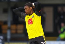 Sam Folarin can't hide his disappointment after failing to find the net during the first half of Harrogate Town's 1-1 home draw with Swindon. Pictures: Matt Kirkham