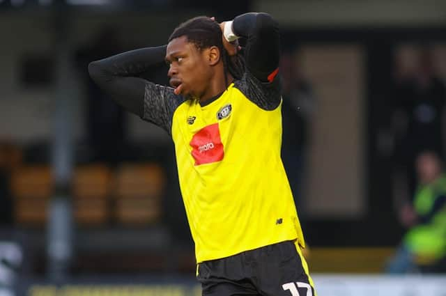 Sam Folarin can't hide his disappointment after failing to find the net during the first half of Harrogate Town's 1-1 home draw with Swindon. Pictures: Matt Kirkham