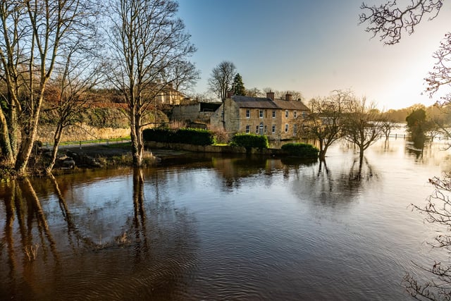 The RIver Wharfe at Boston Spa, near Wetherby in full flood with a number of residential propeties at risk of flooding should the water level continue to rise. Over the last few days the Met Office issued persistent and occasionally heavy rain over most parts on the UK with the risk of flooding in parts.