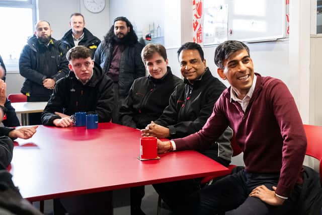Prime Minister Rishi Sunak enjoys an informal chat with drivers and engineers at The Harrogate Bus Company during today’s visit to the bus firm’s Starbeck headquarters. (Picture contributed)