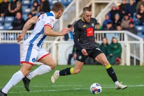 Alex Pattison fires Harrogate Town into a fourth-minute lead at Hartlepool United. Pictures: Matt Kirkham