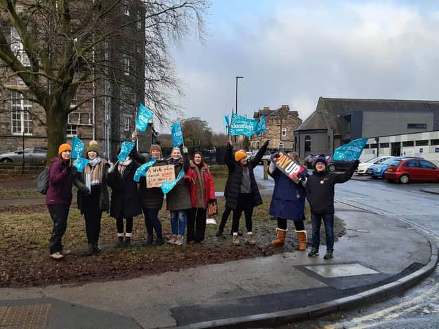 Strikers standing outside Grove Road Primary School on Skipton Road in Harrogate today.