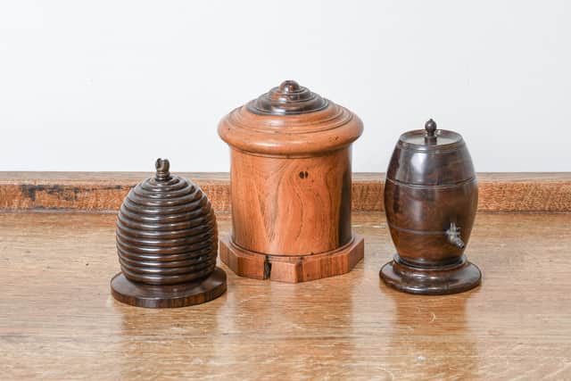A Group of Three 19th Century Lignum Vitae Treen String Boxes – estimate: £100-£150