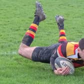 Tom Steene dives over the try-line during Harrogate RUFC's North One East success over Blaydon at Rudding Lane. Picture: Richard Bown
