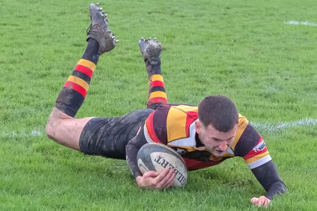 Tom Steene dives over the try-line during Harrogate RUFC's North One East success over Blaydon at Rudding Lane. Picture: Richard Bown