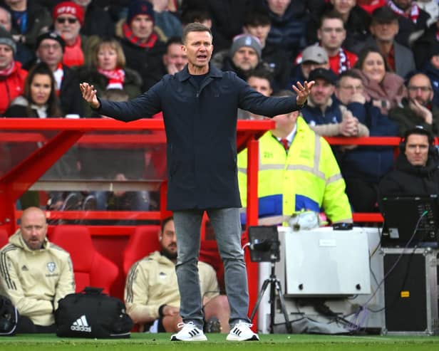 NOTTINGHAM, ENGLAND - FEBRUARY 05: Jesse Marsch, Manager of Leeds United, reacts during the Premier League match between Nottingham Forest and Leeds United at City Ground on February 05, 2023 in Nottingham, England. (Photo by Clive Mason/Getty Images)