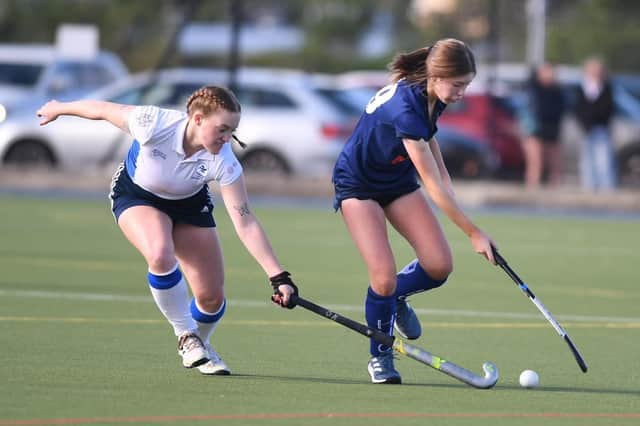 Grace Scholfield-Mell, right, netted Harrogate Hockey Club Ladies 1st XI's opening goal in their 3-3 draw at Fylde. Picture: Gerard Binks