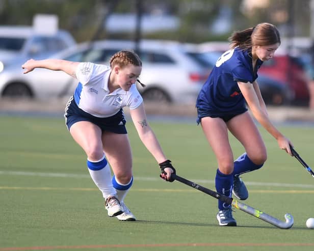 Grace Scholfield-Mell, right, netted Harrogate Hockey Club Ladies 1st XI's opening goal in their 3-3 draw at Fylde. Picture: Gerard Binks