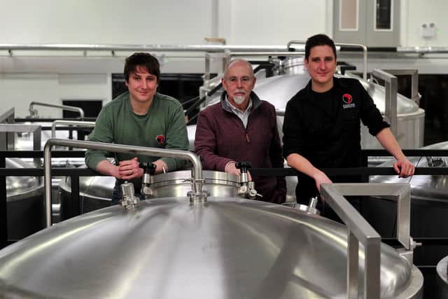 Rooster Brewery, Harrogate. Pictured from left Oliver, Ian and Tom Fozard in the state of the art brewery (Picture Gerard Binks)