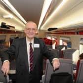 Brian L Dunsby OBE of Harrogate Line Supporters Group pictured on an LNER Azuma train at Harrogate. (Picture Gerard Binks)