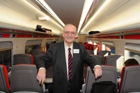 Brian L Dunsby OBE of Harrogate Line Supporters Group pictured on an LNER Azuma train at Harrogate. (Picture Gerard Binks)
