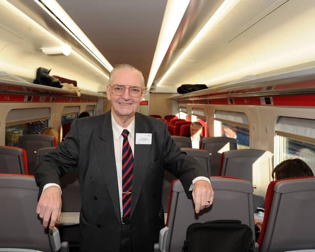 Brian L Dunsby OBE of Harrogate Line Supporters Group pictured on an LNER Azuma train at Harrogate. (Picture Gerard Binks)