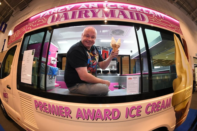 John Taylor of C & M Ices of Harrogate and Ripon enjoying an ice cream in the back of an all electric ice cream van