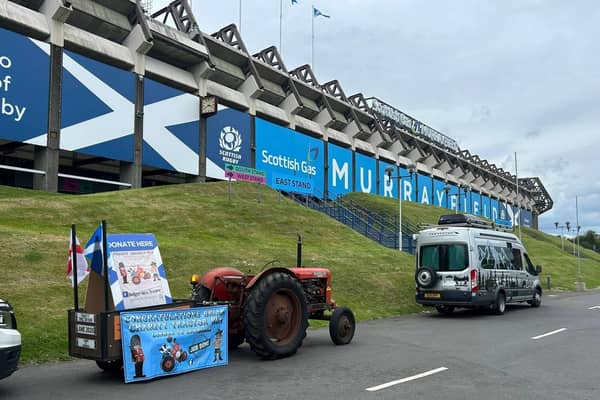 Brian's tractor parked at the Murrayfield Stadium in Scotland.