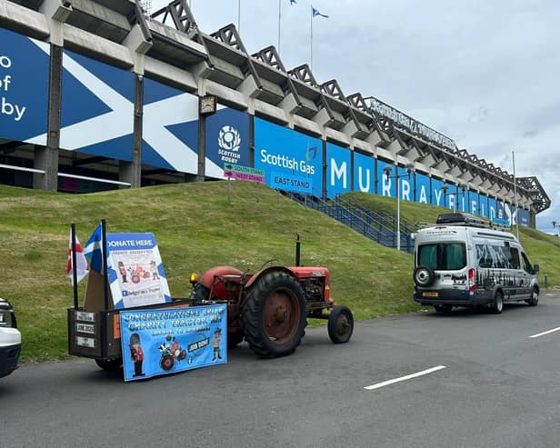 Brian's tractor parked at the Murrayfield Stadium in Scotland.