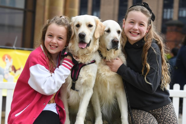 Pictured with their Golden Retrievers, from left, 9 year old Liberty Brown with Summer and 11 year old Georgia Brown with Daisy.