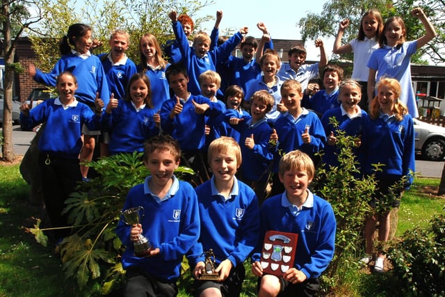 Pannal Primary School celebrate after their Cross Country, Netball and Football teams win at the North Yorkshire Youth Games in 2007