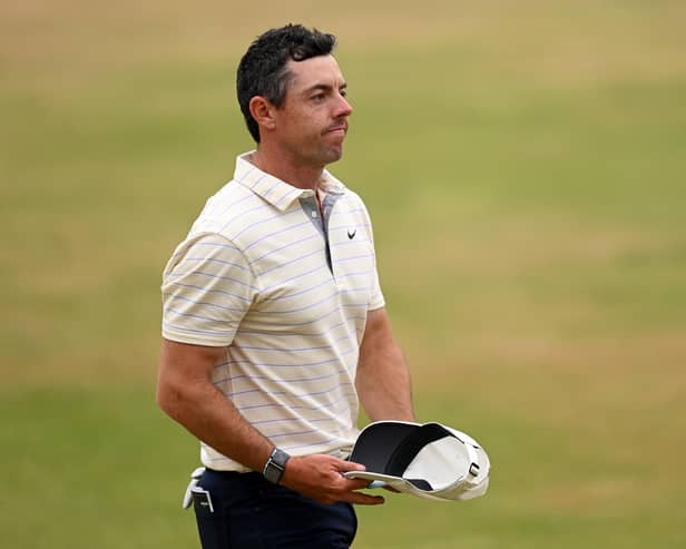 Rory McIlroy of Northern Ireland reacts on the 18th hole during the final round of The 150th Open at St Andrews Old Course on July 17