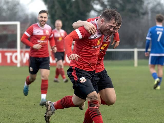 Knaresborough Town players celebrate taking a 1-0 lead against Thackley at Manse Lane. Picture: Graham Finney/Knaresborough Town AFC