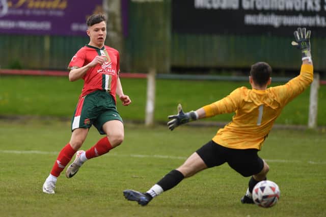 Luca Bolino opens the scoring for Harrogate Railway during Saturday's 3-1 home success over Retford FC. Pictures: Gerard Binks