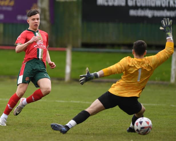 Luca Bolino opens the scoring for Harrogate Railway during Saturday's 3-1 home success over Retford FC. Pictures: Gerard Binks