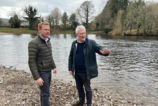 Harrogate and Knaresborough MP Andrew Jones, with Rivers' Minister Robbie Moore MP on an earlier visit to the Lido site on the River Nidd. (Picture contributed)