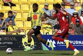 Kayne Ramsay makes inroads down Harrogate Town's right flank during Saturday's League Two clash with Crawley at Wetherby Road. Pictures: Craig Galloway/Harrogate Town AFC