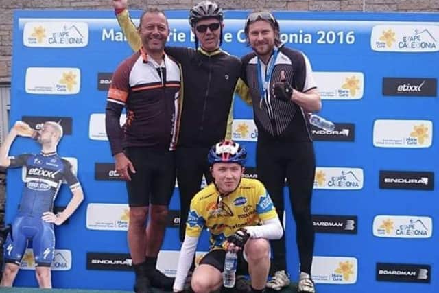 The late Andrew Stewart of Harrogate's 108 Fine Art gallery, centre, celebrates completing the spectacular Etape Caledonia cycling event in Scotland in years gone by.