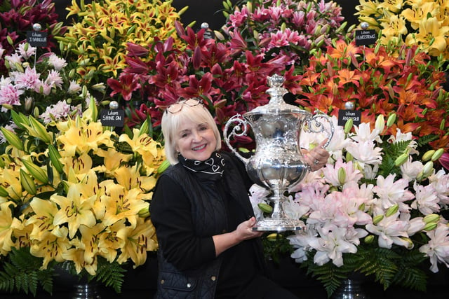 Loraine Hart, of Harts Nursery, with her beautiful display of Lilies that won Best in Show at the Harrogate Spring Flower Show 2024